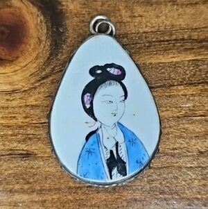 Vintage Chinese Porcelain Pendant 2" Maiden Blue Kimono Hand Painted Rare Girl